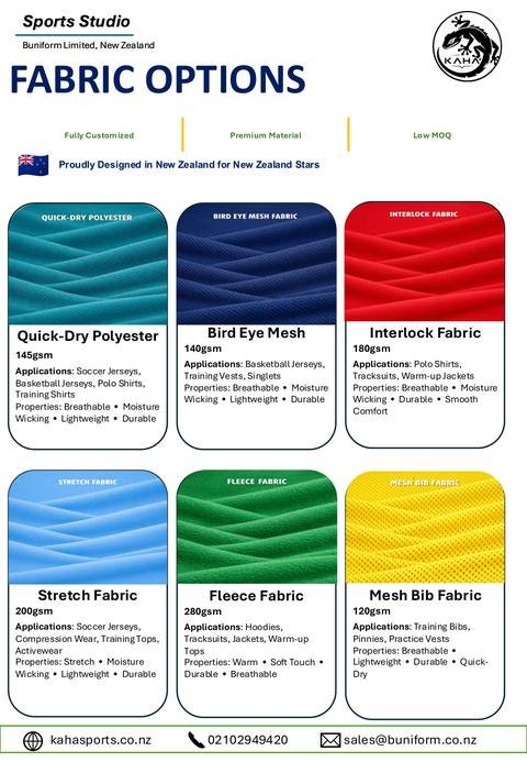 Kaha Sports catalogue: Fabric Options