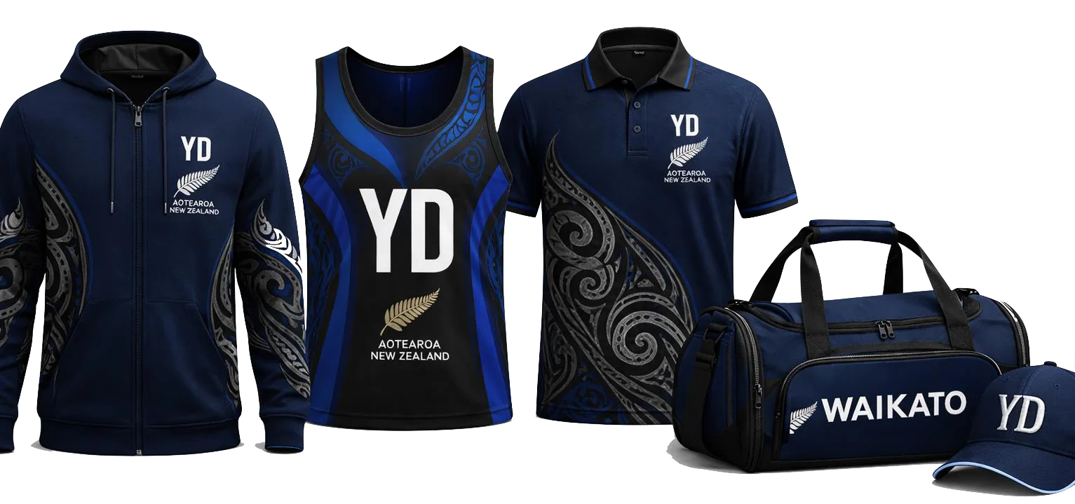 Matching navy hoodie, netball singlet, polo, kit bag and cap with koru patterns and silver fern