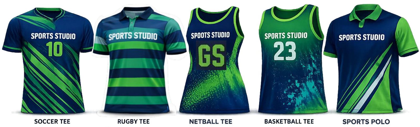 Soccer tee, rugby tee, netball tee, basketball tee and sports polo in navy and green