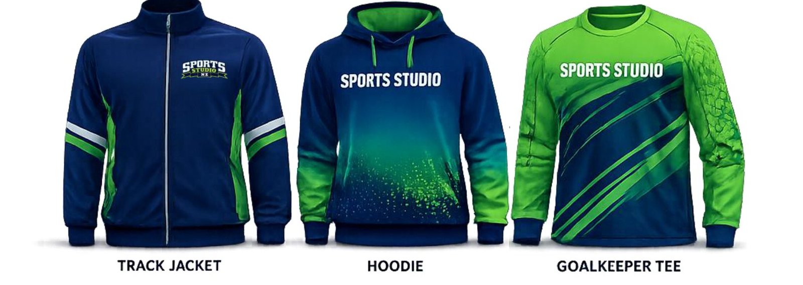 Track jacket, hoodie and goalkeeper tee in navy and green