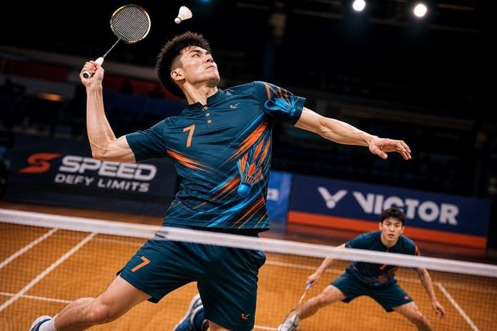 Badminton players in custom team uniforms