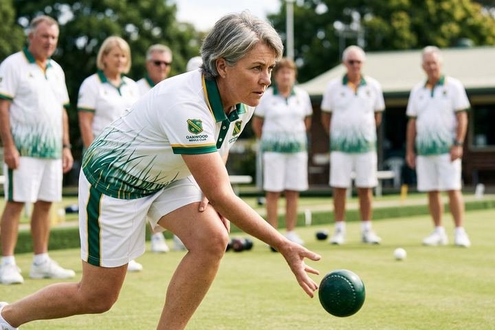 Lawn bowls players in custom team uniforms