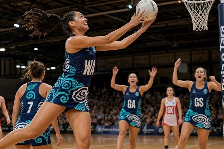 Netball players in custom team uniforms
