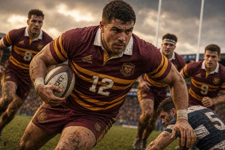 Rugby players in custom team uniforms