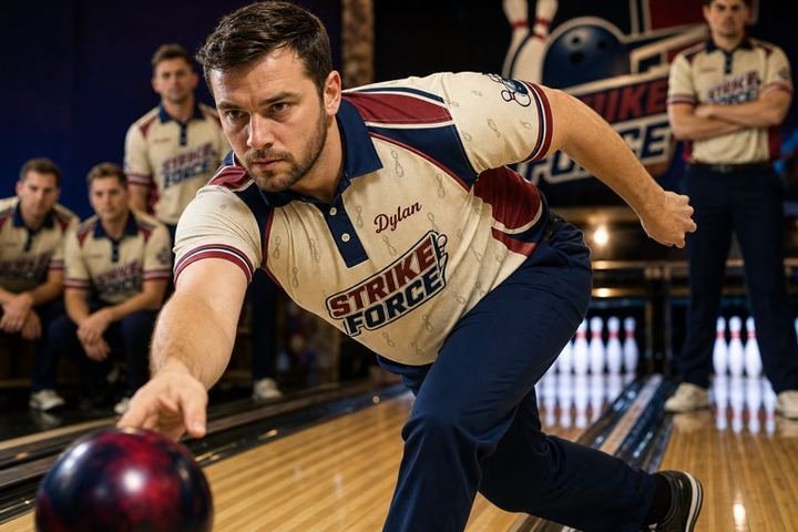 Ten-pin bowling players in custom team uniforms